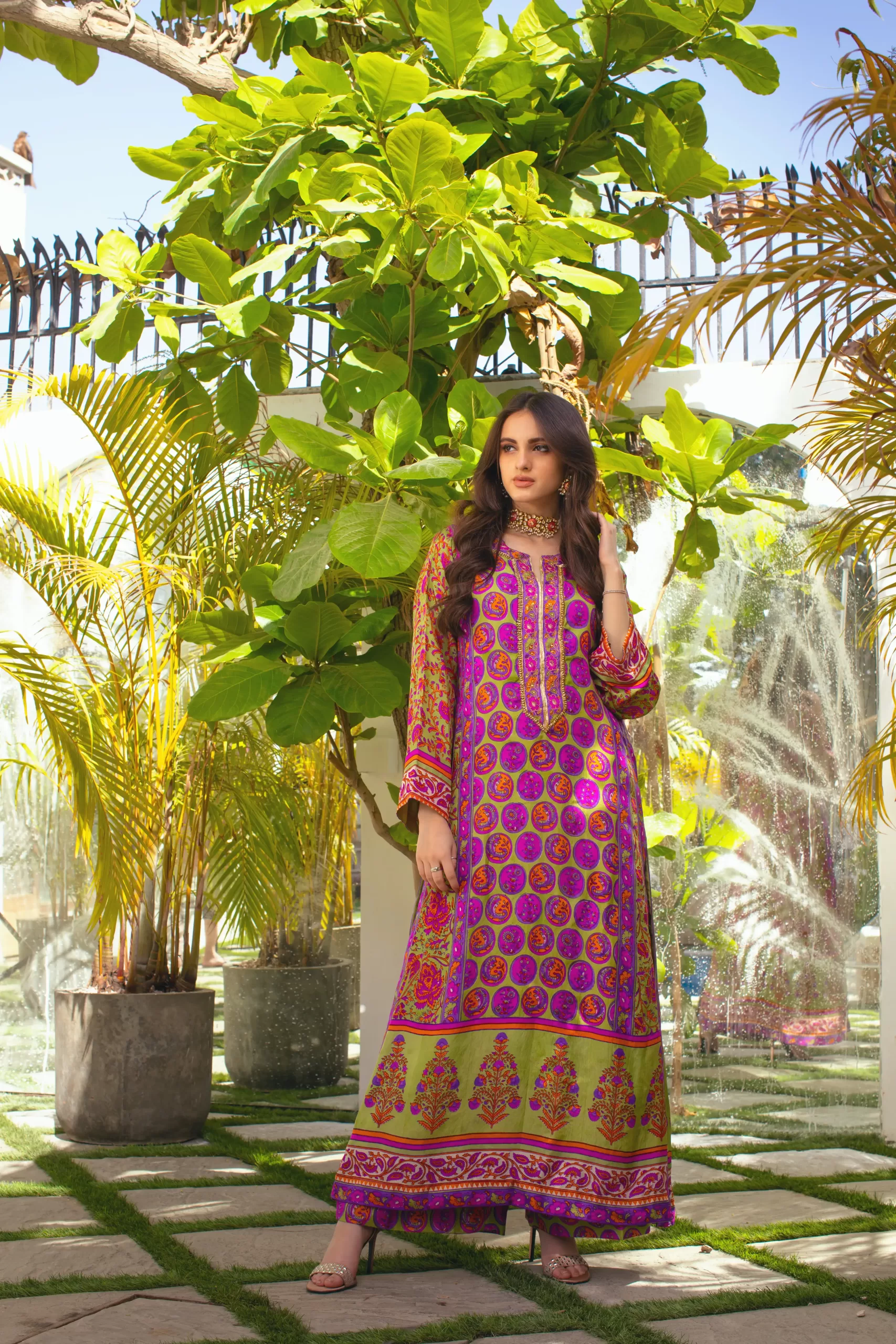 Green Hot Pink Block Printed Kaftan with Matching Block Printed Azaar SHK 928