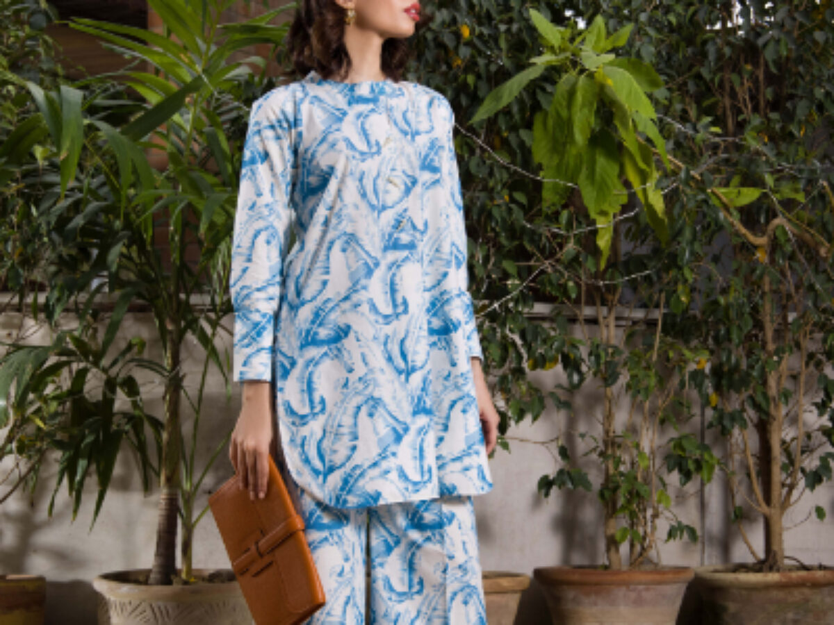 White long shirt with blue block print paired with block printed azaar  pants - SHK-1064 — Shehrnaz