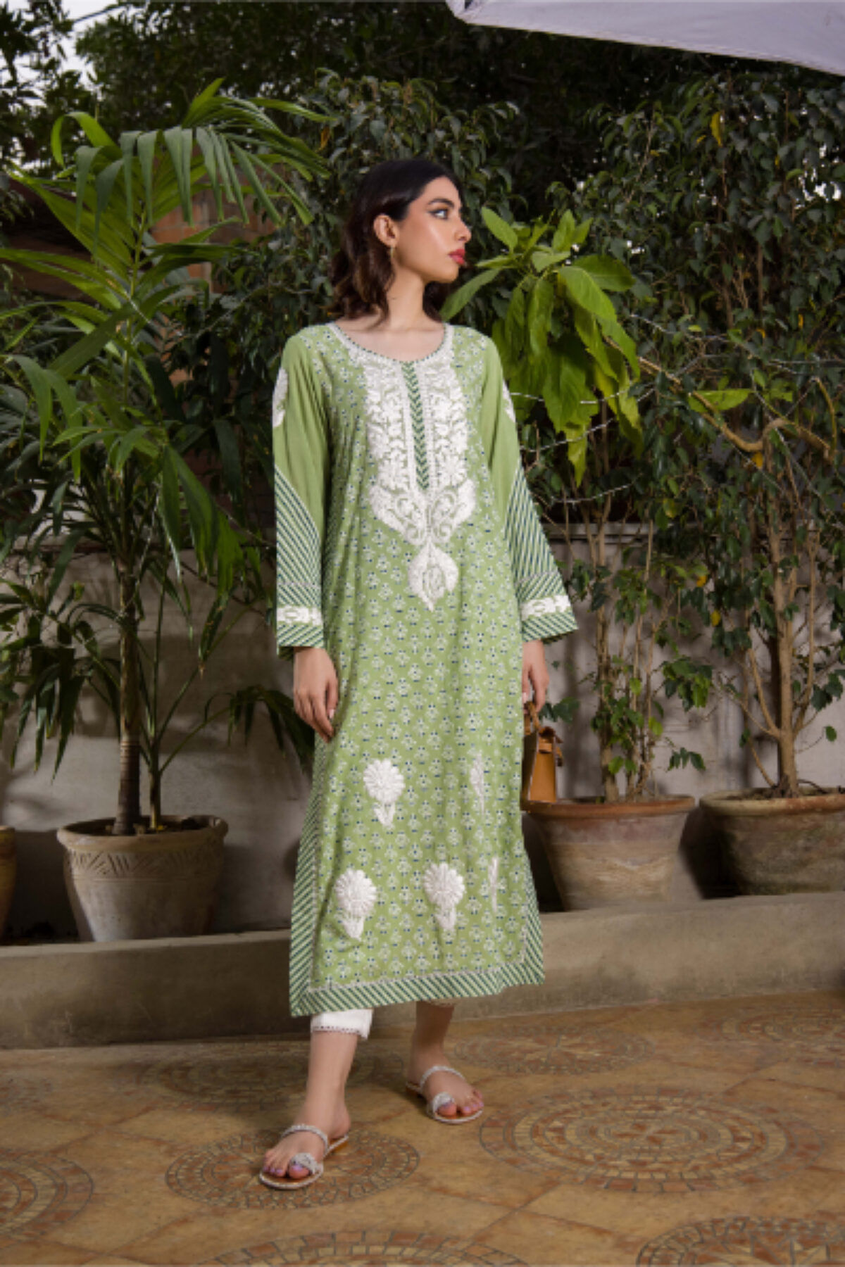 Ferozi Long Shirt Capri Pants - Pakistani Party Wear