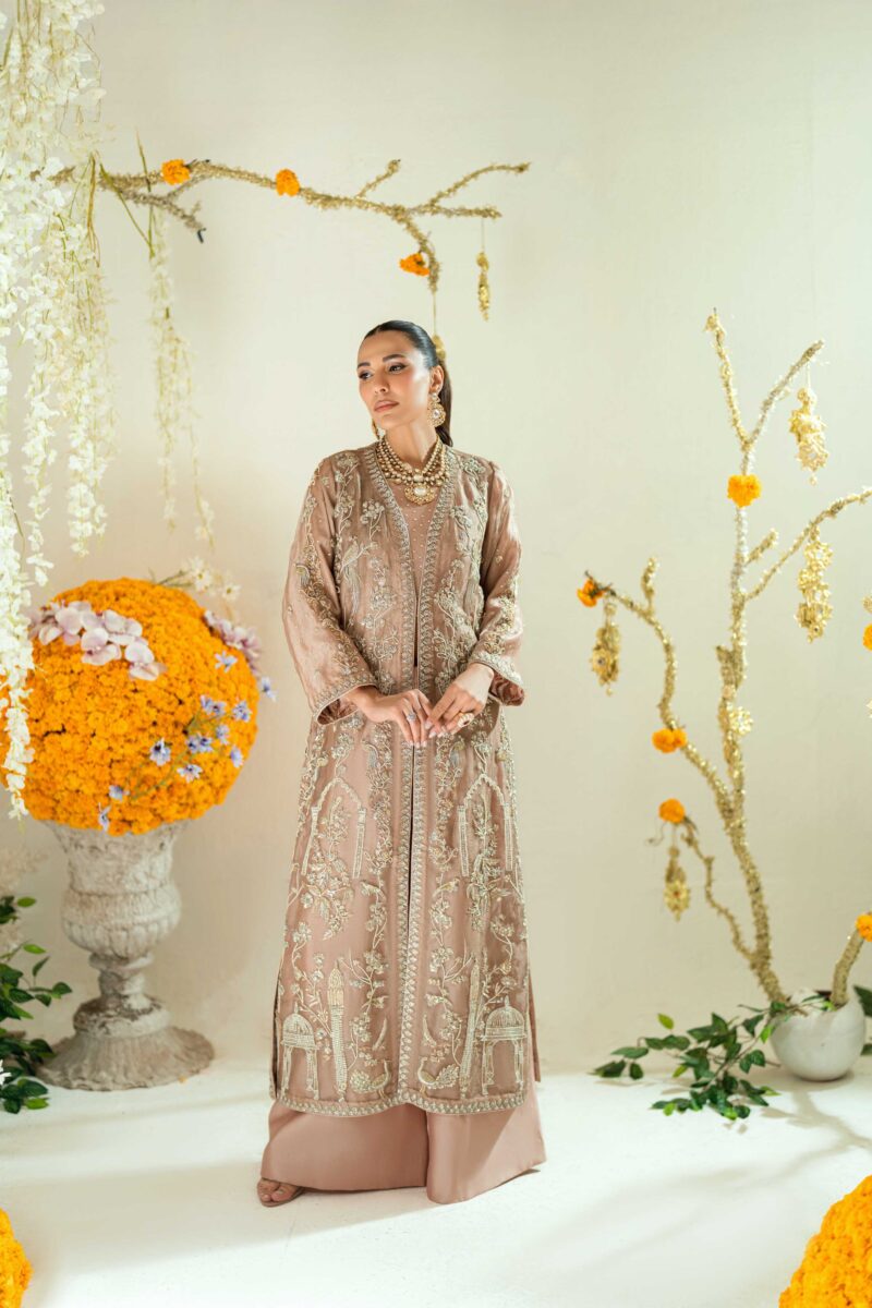 Pakistani Designer Rose Gold Long Coat