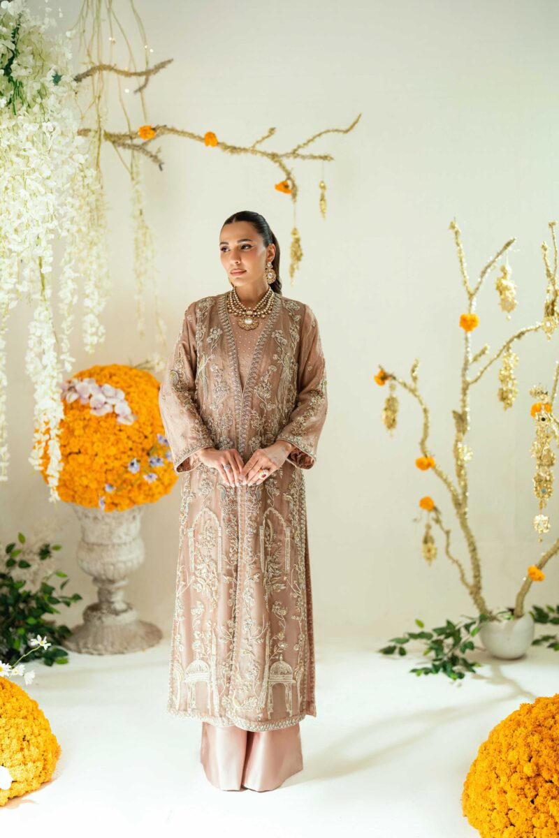 Pakistani Designer Rose Gold Long Coat