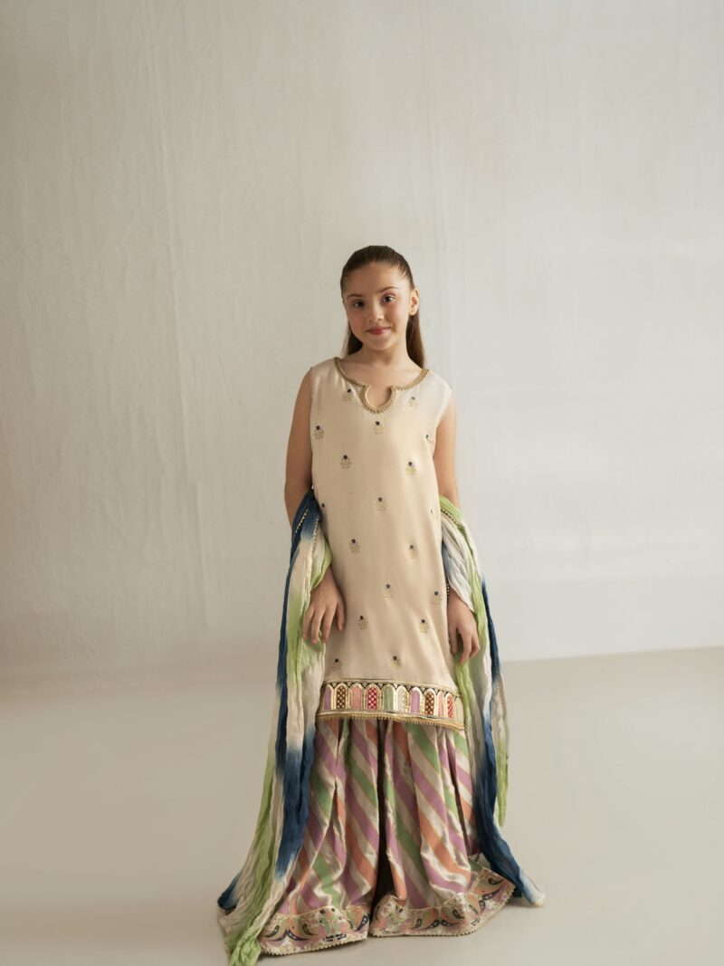 Beige Daman Shirt with Block Gharara Set