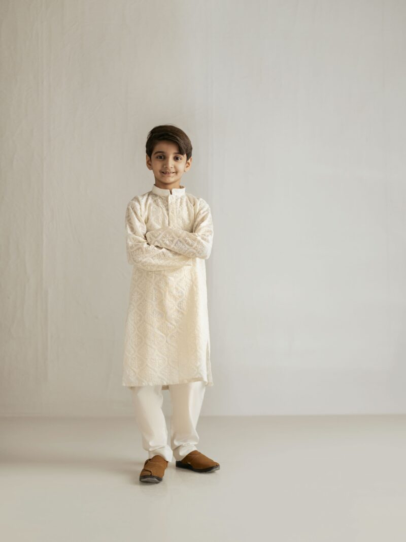 Off-White Embroidered Net Kurta Set