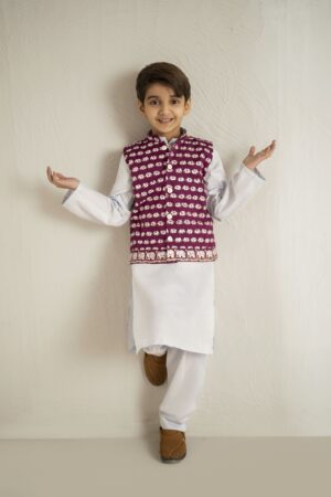 white / purple kids kurta waistcoat set