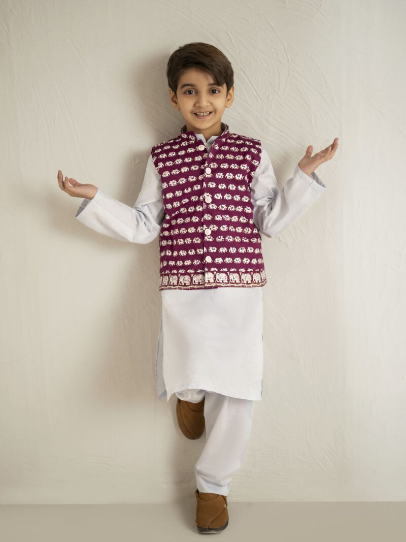 Blue Elephant Kurta with Purple Waistcoat Set