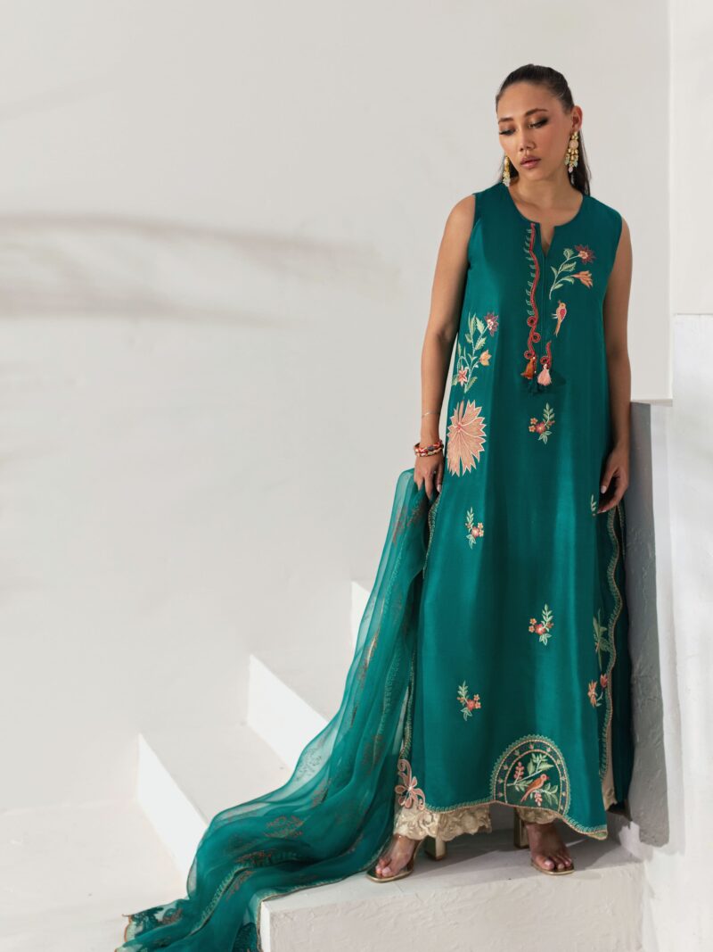 Emerald Green Silk Embroidered Tunic Set