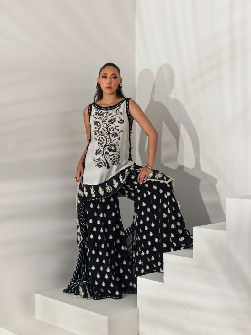 Monochrome Embroidered Tunic with Flared Palazzos