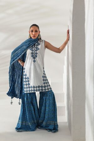White Chikan Gharara Suit