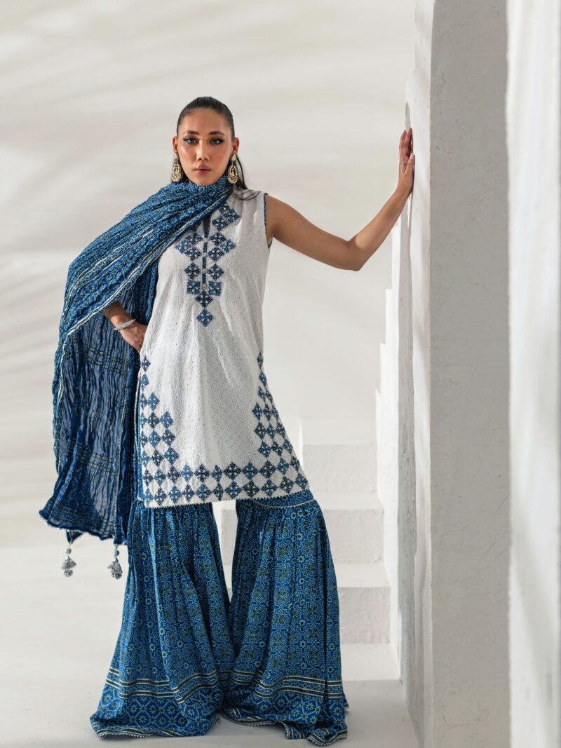 Azure Blue Embroidered Kurti with Printed Gharara