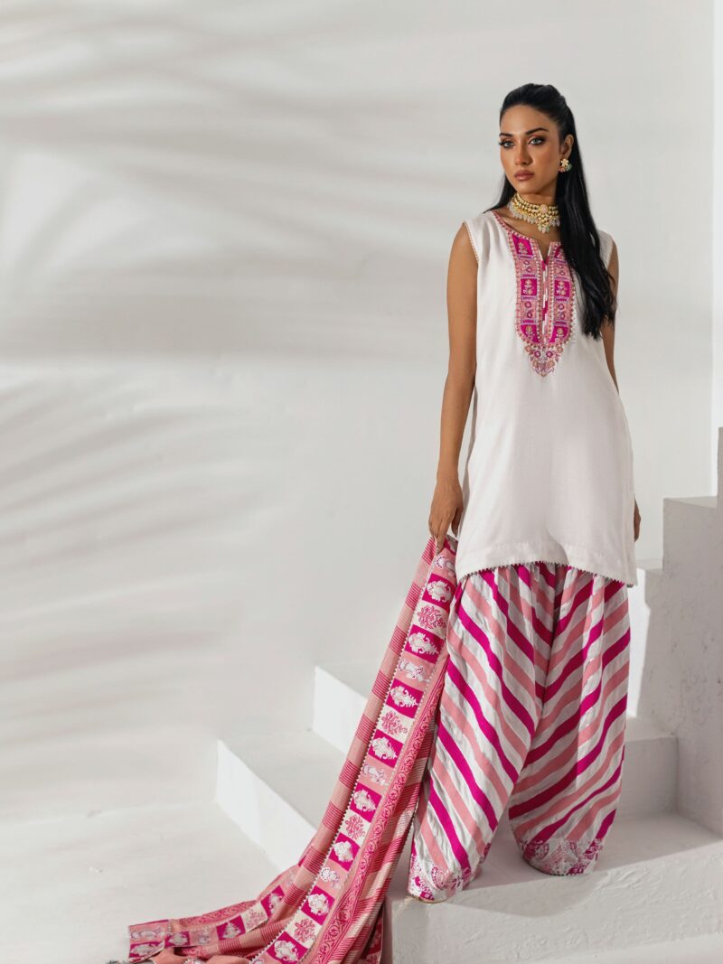 Pearl White Kurta with Fuchsia Striped Shalwar