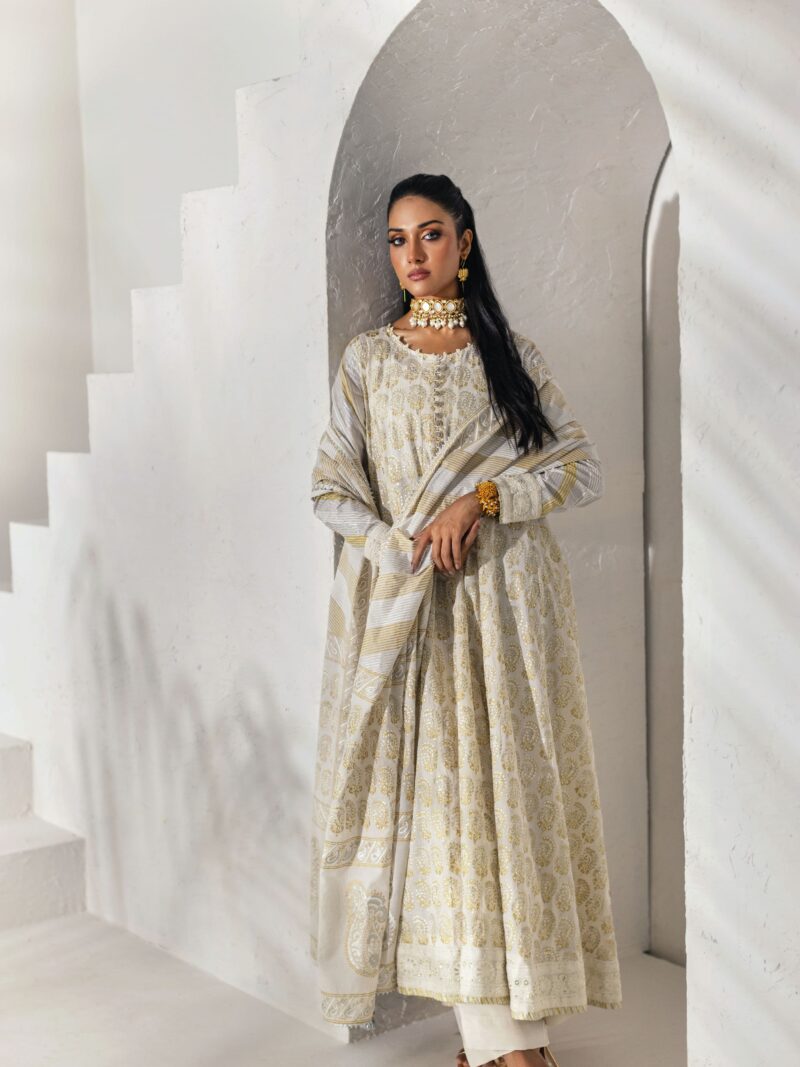Ivory & Gold Foil-Printed Peshwas Set