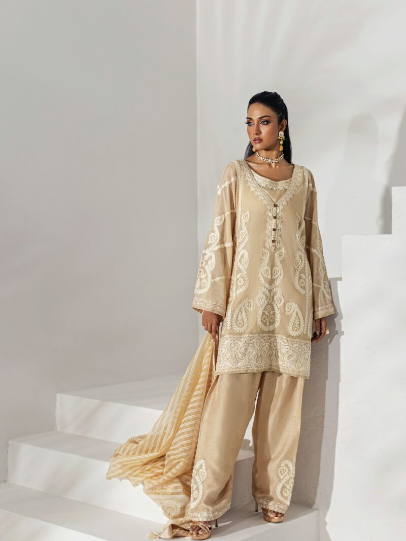 Champagne Embroidered Organza Three-Piece Suit