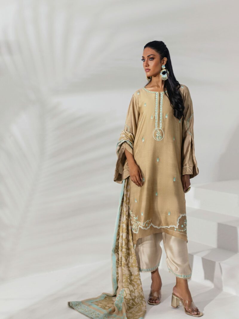 Fawn Tunic with Aqua Embroidered Accents