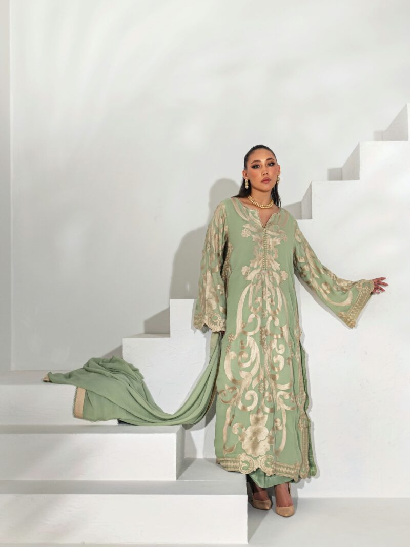 Sage Green Heavy Embroidered Scalloped Suit