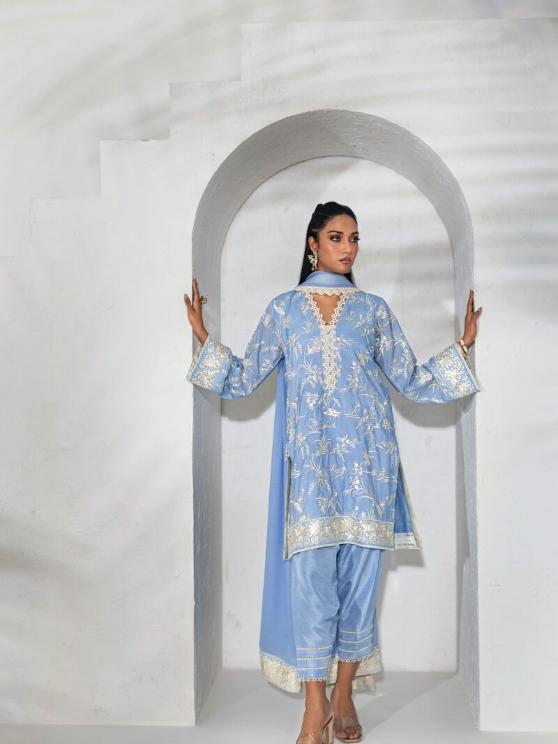Powder Blue Floral Threadwork Kurta Set