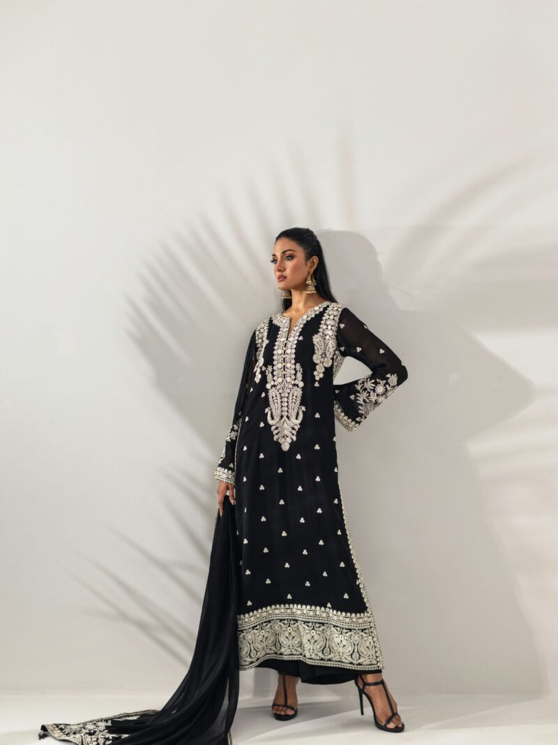 Midnight Black Silver Embroidered Chiffon Suit