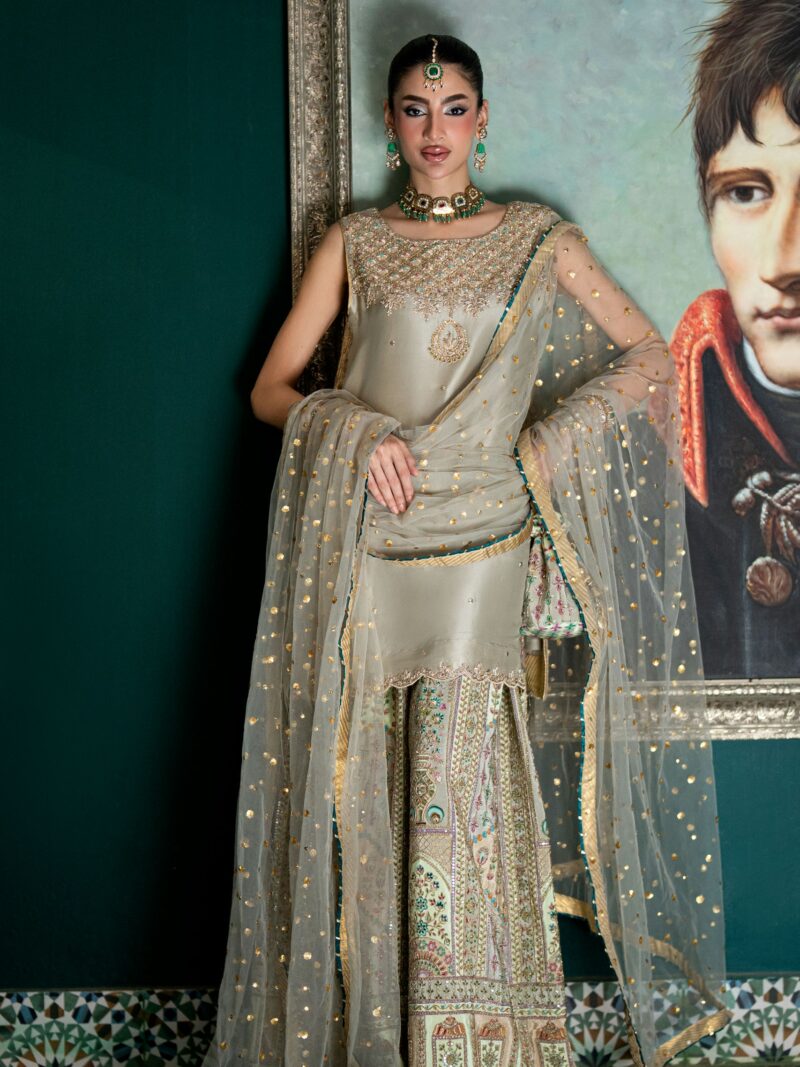 Grey Mukaish Sheesha Silk Shirt with Gold Dhaka Pajama