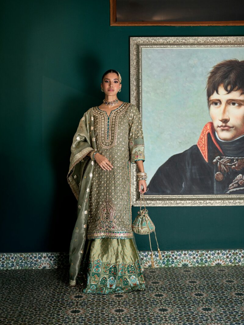 Moss Green Gotta Masoori Shirt with Block Print Farshi Gharara