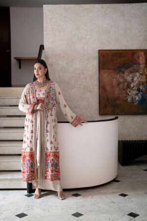 Beige Arri Embroidered Chiffon Long Coat with Silk Sarong