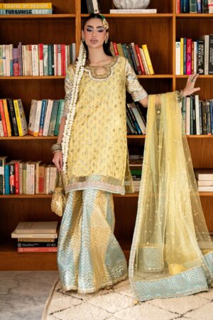 Yellow Gotta Net Shirt with Chatta Patti Dhaka Pajama