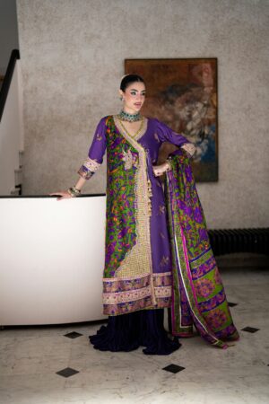 Purple Block Print Silk Angrakha with Crushed Farshi Gharara