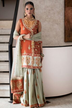 Rust Red Chiffon Angrakha with Sea Green Block Print Gharara
