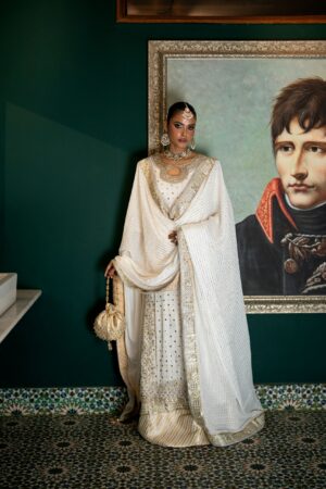 White Mukaish Chiffon Shirt with Jamawar Farshi Gharara
