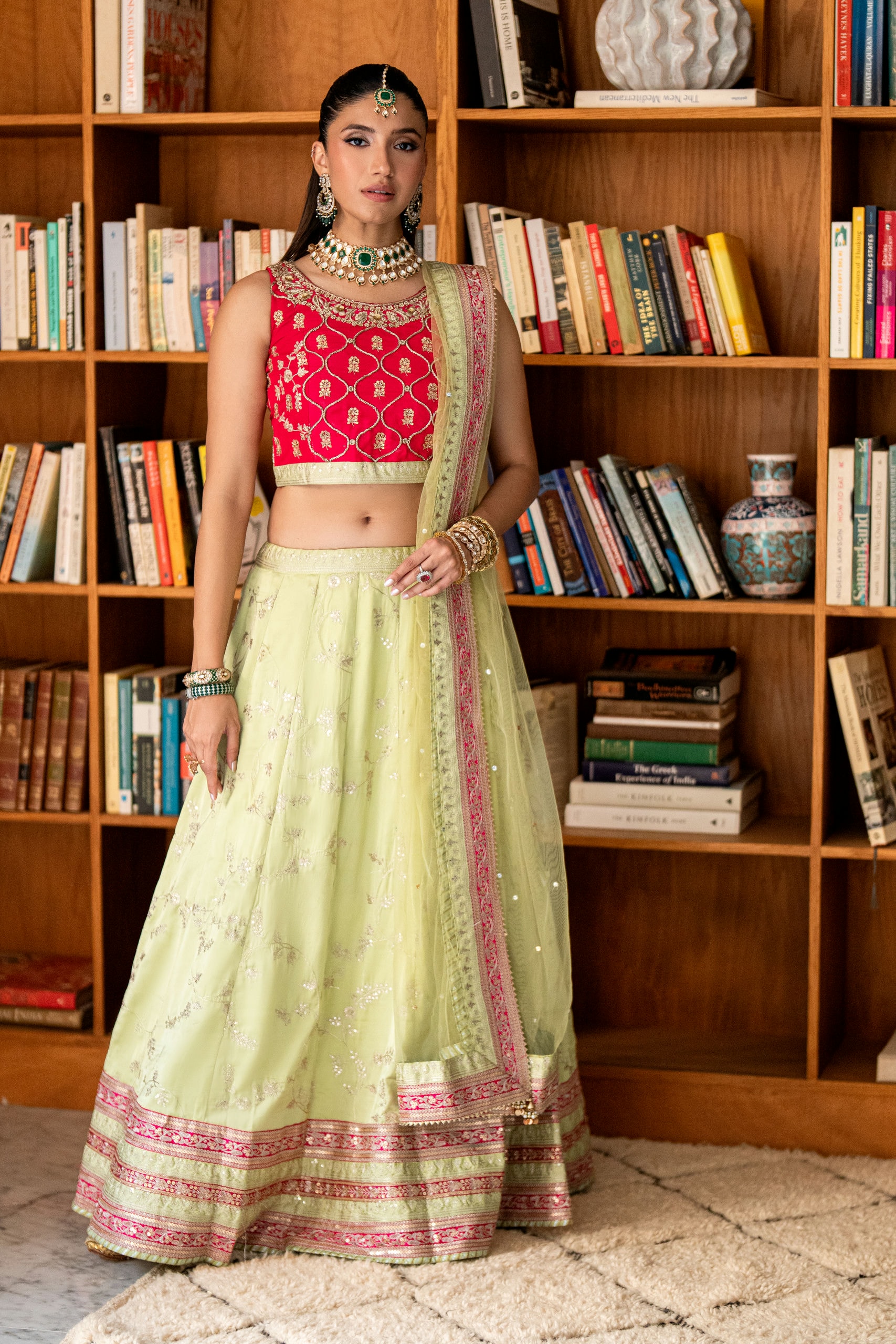 Lime Green Zari Lehenga with Hot Pink Choli