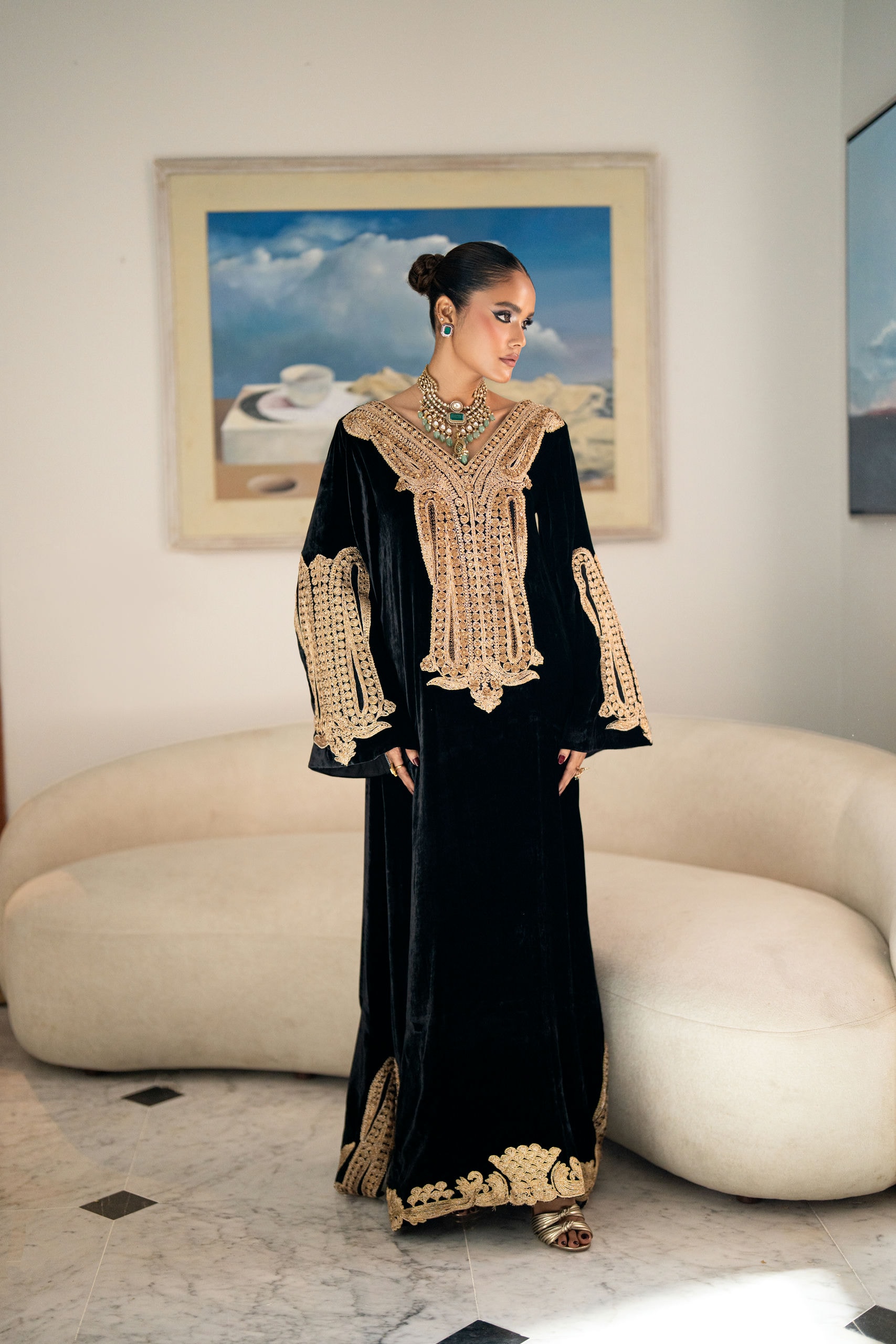 Black Velvet Kaftan with Antique Gold Dori