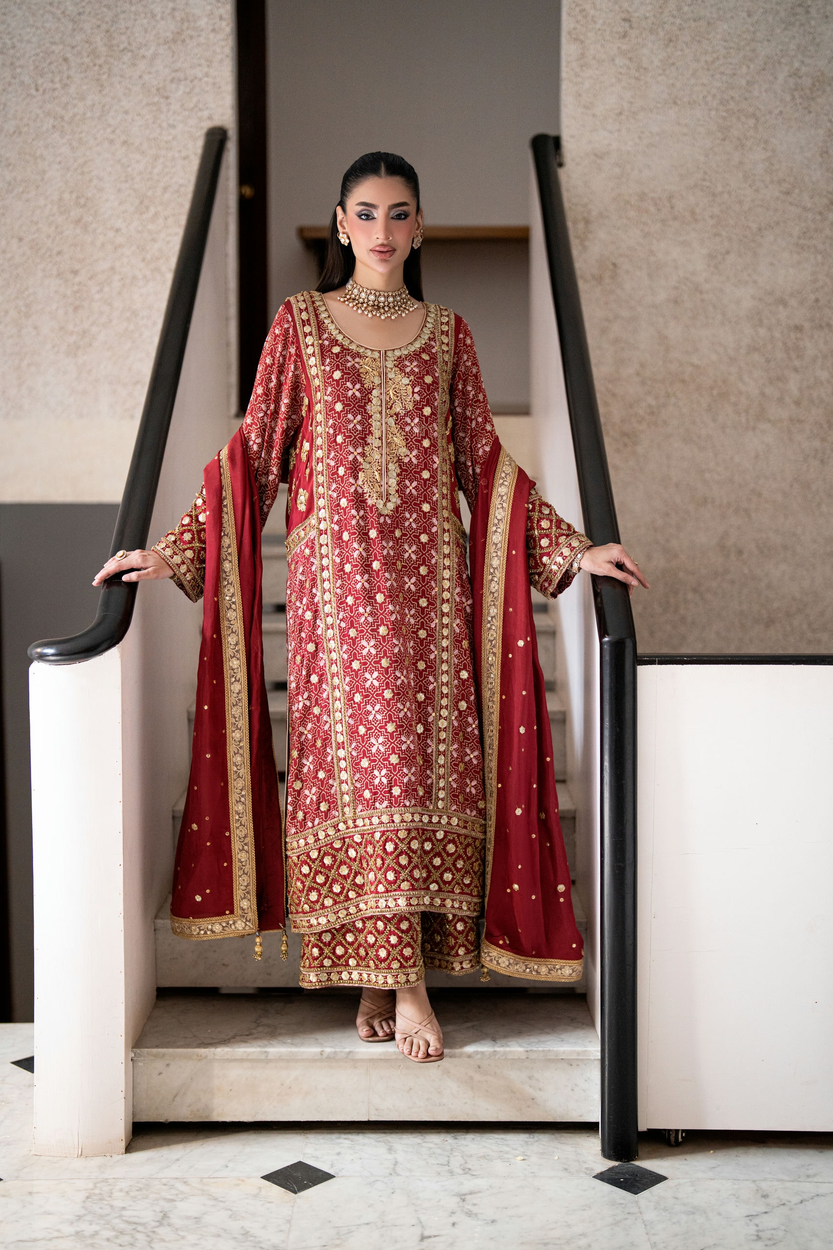 Burgundy Ajrak Silk Shirt with Gotta and Izaar
