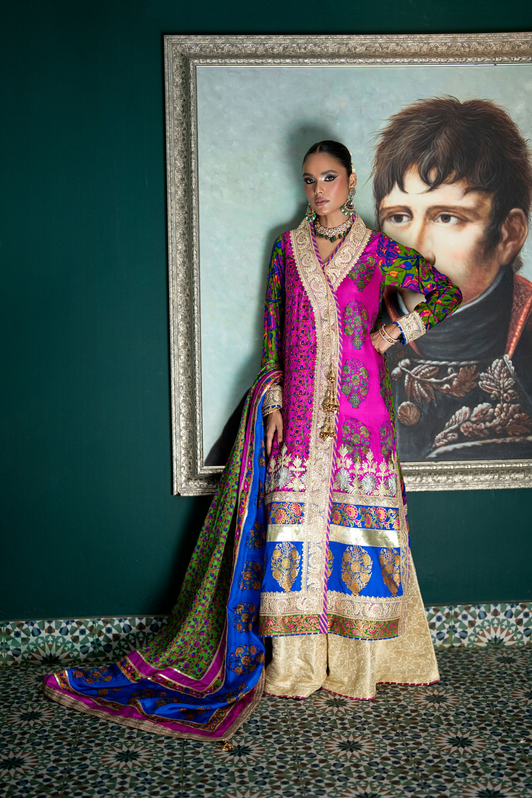 Hot Pink Block Print Angrakha with Jamawar Dhaka Pajama