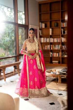 Hot Pink Block Print Lehenga with Gold Embellished Choli
